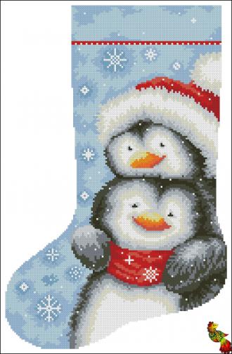 ПК2(з)-2166 Рождественский носок Пингвиньи обнимашки 28,5х43,6 полная зашивка
