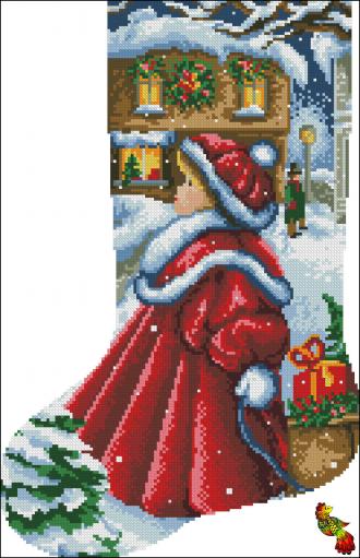 ПК3(з)-3366 Рождественский носок. Девочка в красном полушубке 28,5х43,5 полная зашивка