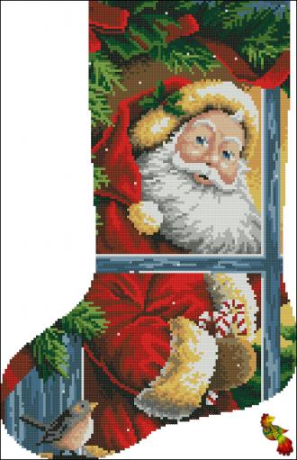 ПК3(з)-3367 Рождественский носок. Дед Мороз в окошке 28,5х43,5 полная зашивка