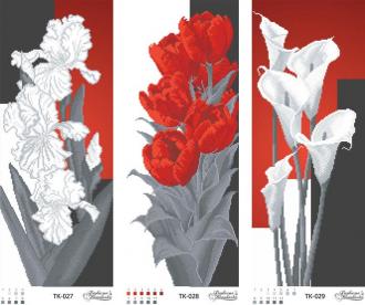 ТК-037 Триптих Красно-серые ирисы,тюльпаны. каллы (три части каждая 24х58
